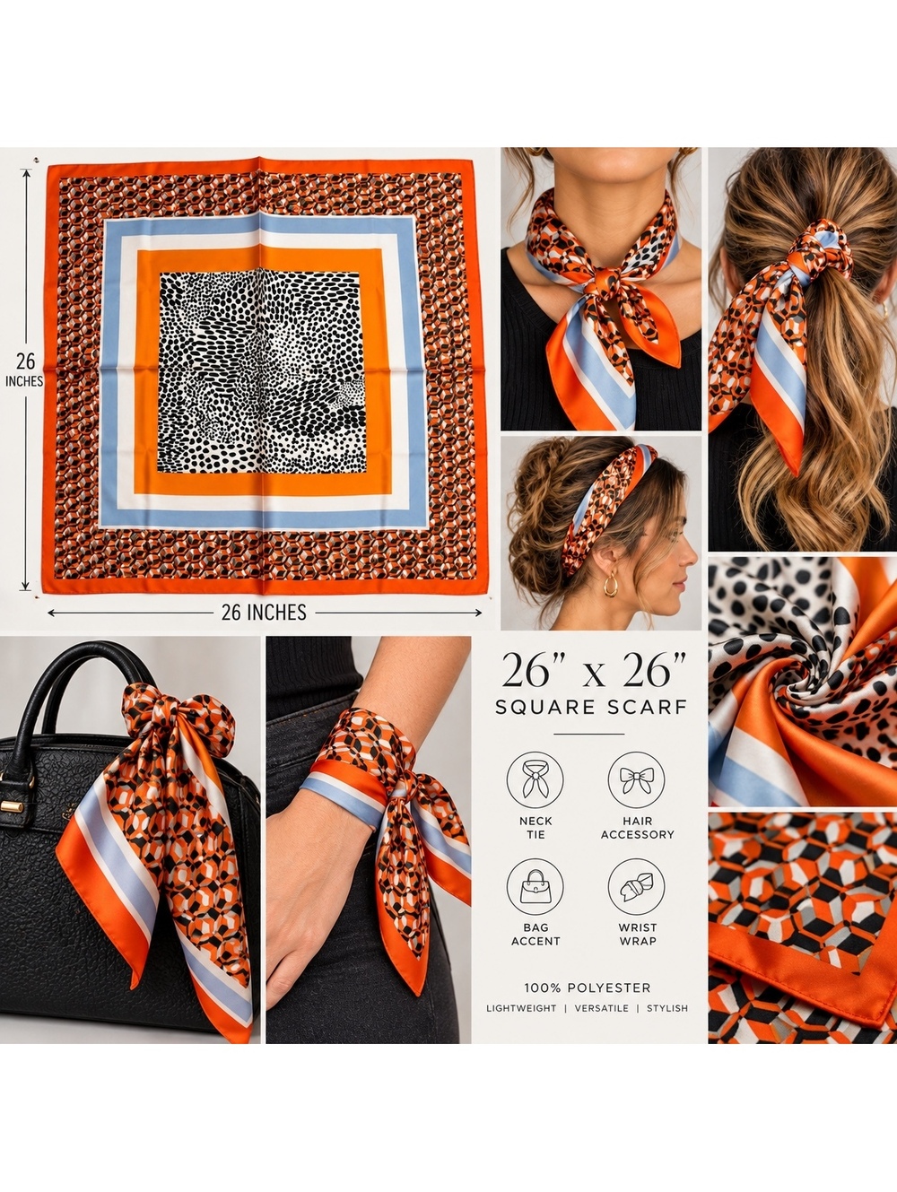 26" x 26" Square Scarf Multi-Pattern Orange and Black